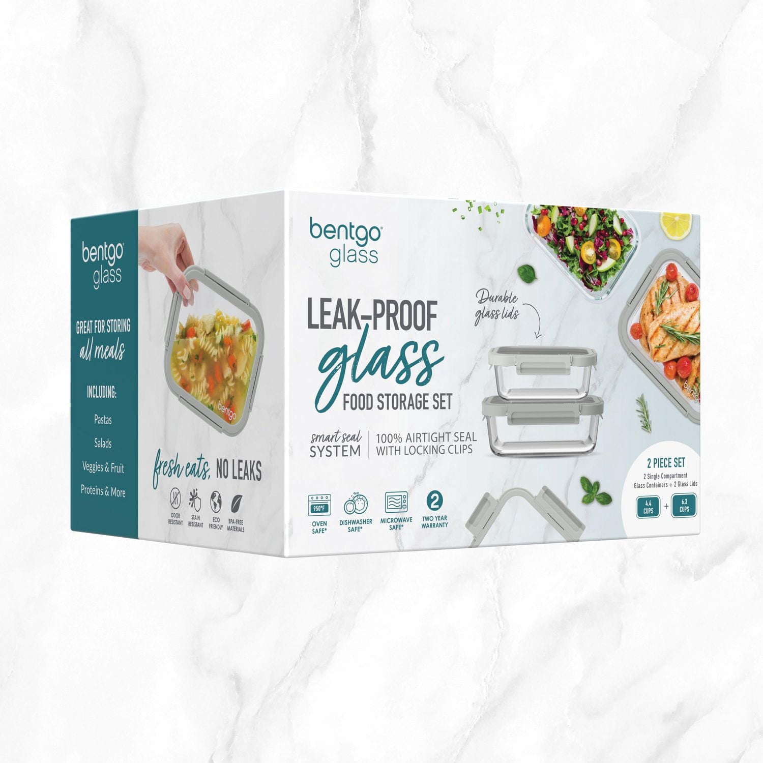 Ensemble de conservation des aliments en verre anti-fuite Bentgo - Paquet de 2 (récipients de 4,4 tasses et 6,3 tasses) - Pebble Beach<br>Modifier