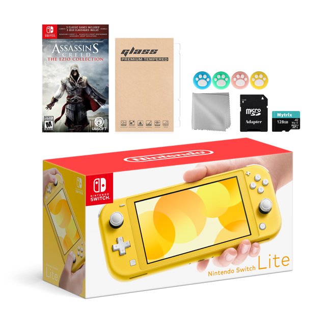 Nintendo Switch Lite Yellow with Assassin's Creed: Ezio Collection, Mytrix 128GB MicroSD Card and Accessories NS Game Disc Bundle Best Holiday Gift