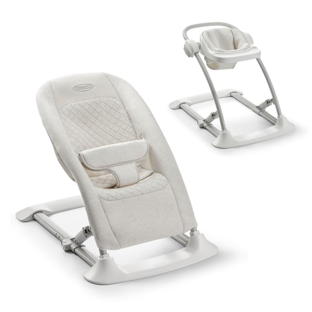 Graco JumpStart 4-in-1 Activity Bouncer in beige quilted fabric with padded seat and safety harness, shown in infant bouncer and floor seat modes with detachable tray on a white and grey frame, designed for infants from birth to 18 kg, also converts to baby jumper and toddler chair.