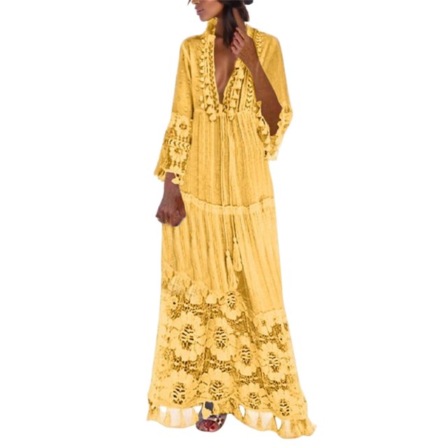 TJAZFJPA Hauts de Robe pour Femmes Col en V à Franges Grande Taille Décontracté Bohème Couleur Dentelle Uni Robe Mode Longue Robe pour Femme Robes d'Invitée de Mariage Femmes Robes de Fête pour Femmes