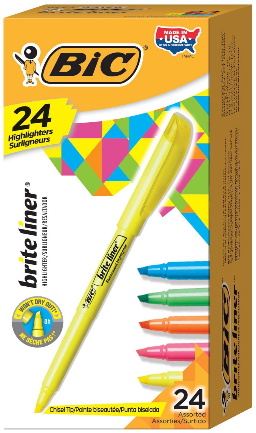 Surligneurs BIC Brite Liner, pointe biseautée, boîte de 24 surligneurs de Couleurs assorties
