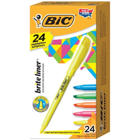 BIC Brite Liner Highlighters, Chisel Tip, 24-Count Box of Highlighters Assorted Colours