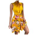 thumbnail image 2 of HKEJIAOI Robe Fleurie pour Femmes Robe d'Anniversaire Mode pour Femmes Col Rond Sans Manches Taille Haute Imprimée avec Nœud Robe Trapèze Économies Liquidation Jaune, 2 of 3