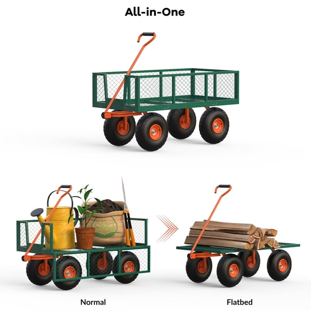 GloryStar Steel Garden Cart, 500 LBS, 3-in-1 Folding Utility Wagon with Removable Sides, 10 inch Tires, 180° Rotating Handle for Outdoor, Farm, Lawn and Garden, Heavy Duty Flatbed,