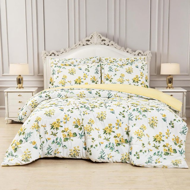 Floral Printed Queen Comforter Set with Sheets Lightweight Piece Bed in A Bag Comforter Set Vintage Yellow and Grey Flower Pattern Farmhouse Bedding Set
