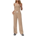 thumbnail image 2 of Woman Solid Color Sleeveless Sets, 2025 New Fashion Round-Neck Sleeveless Tank with Drawstring Long Pants Suits, Loungewear Tracksuits Two Piece Short Set for Lady Khaki XXL, 2 of 5