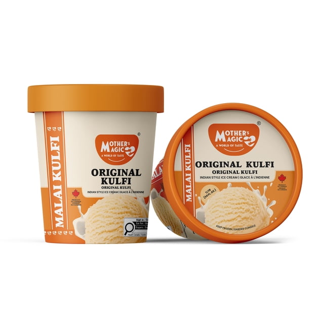 Original Ice cream Mother's Magic Malai Kulfi Original Flavour in 1-liter frozen food tubs with orange lids, showing Indian style ice cream packaging featuring a scoop image and Canadian product label, displayed front and top view on white background, suitable for dessert treats.