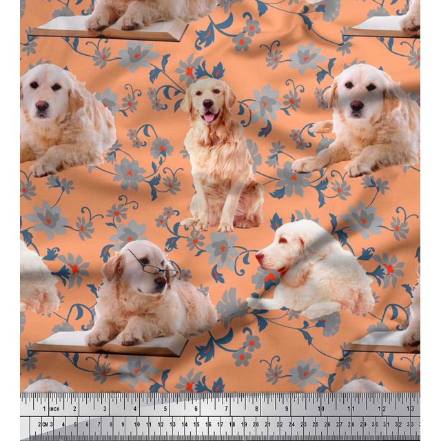 Soimoi Velvet Fabric Floral,Book & Golden Retriever Dog Fabric Prints by Yard 58 Inch Wide