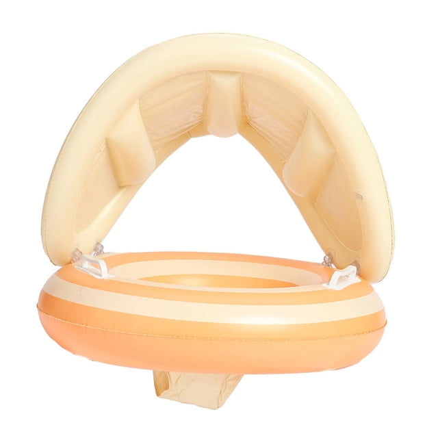 Lipstore Baby Pool Float with Canopy Swim Ring for Children Beginner Swimmers Infants in orange. The inflatable float features a striped design with a detachable canopy for sun protection. It includes sturdy, non-slip handles and a comfortable seat for stability. Made from lightweight PVC, it measures 54 cm in outer diameter and 50 cm in height when inflated, suitable for children aged 1-4 years. Ideal for pool parties, beach outings, and backyard water activities.