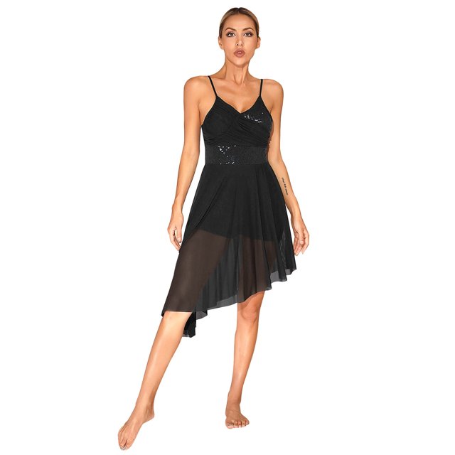 Oyolan Robe de Danse Ballet à Sequins pour Femmes Bretelles Spaghetti Col en V Ourlet Haut Bas Lyrique Noir G