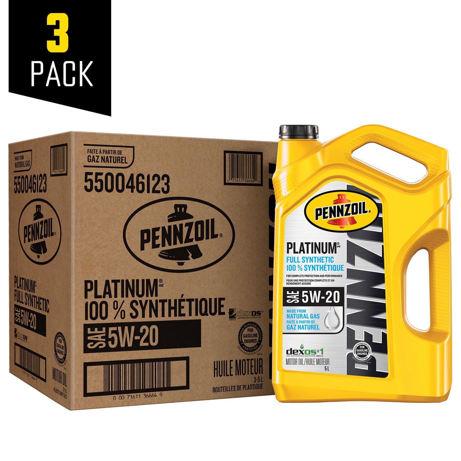 Pennzoil Platinum Full Synthetic 5W-20 Motor Oil, 5 Litre (3 pack)