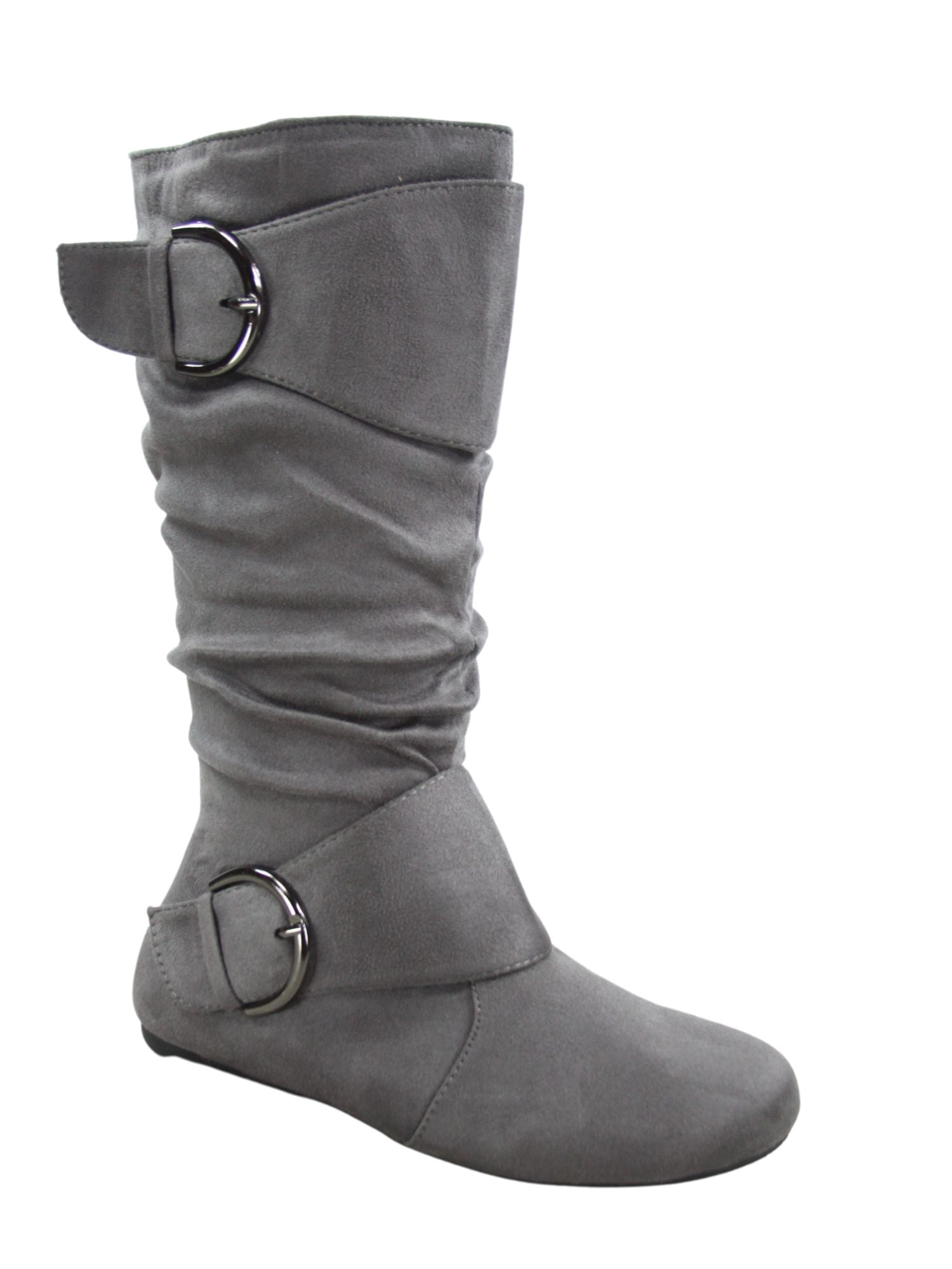 Bottes Mi-Mollet à Bout Rond pour Femmes Zone 70, Confort, Fermeture Éclair, Boucle, Style Plissé Décontracté, Talon Plat ( Gris, 9)