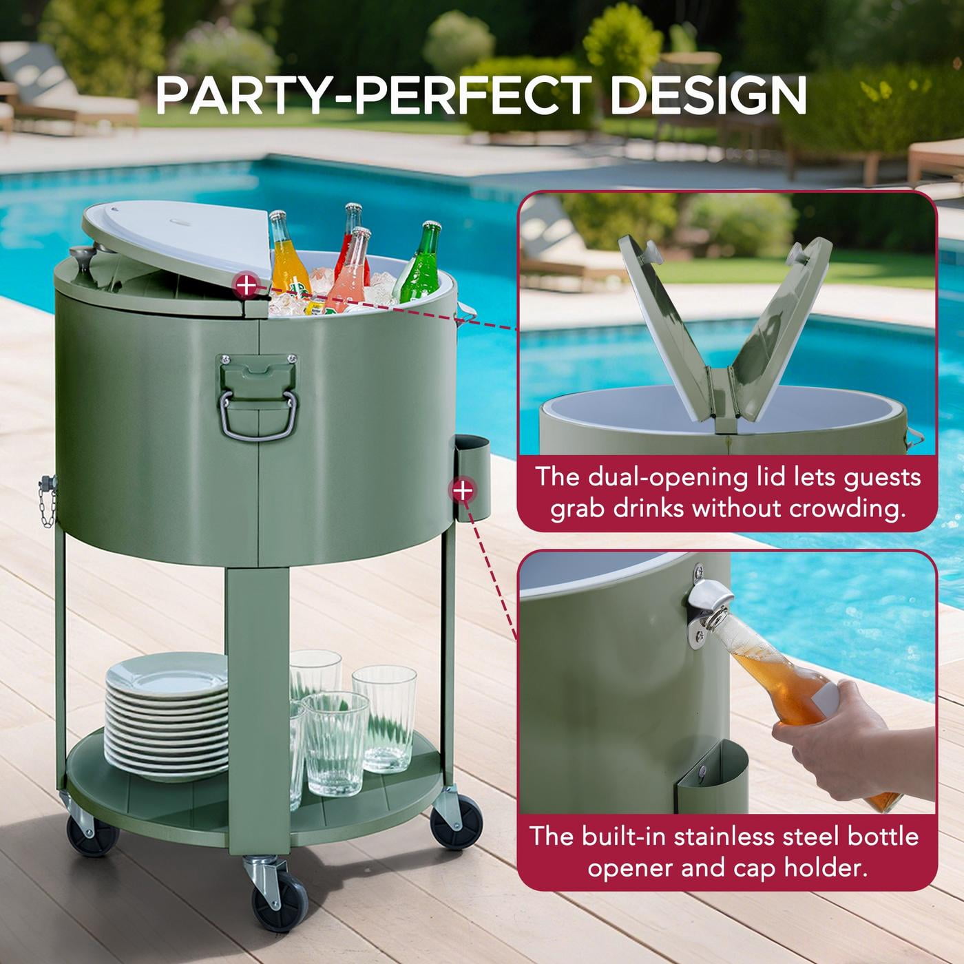 Sunjoy Rooling Ice Chest Cooler Cart 60 Quart, Portable Patio Party Bar Drink Cooler Cart, Beverage Bar with Bottle Opener and Shelf