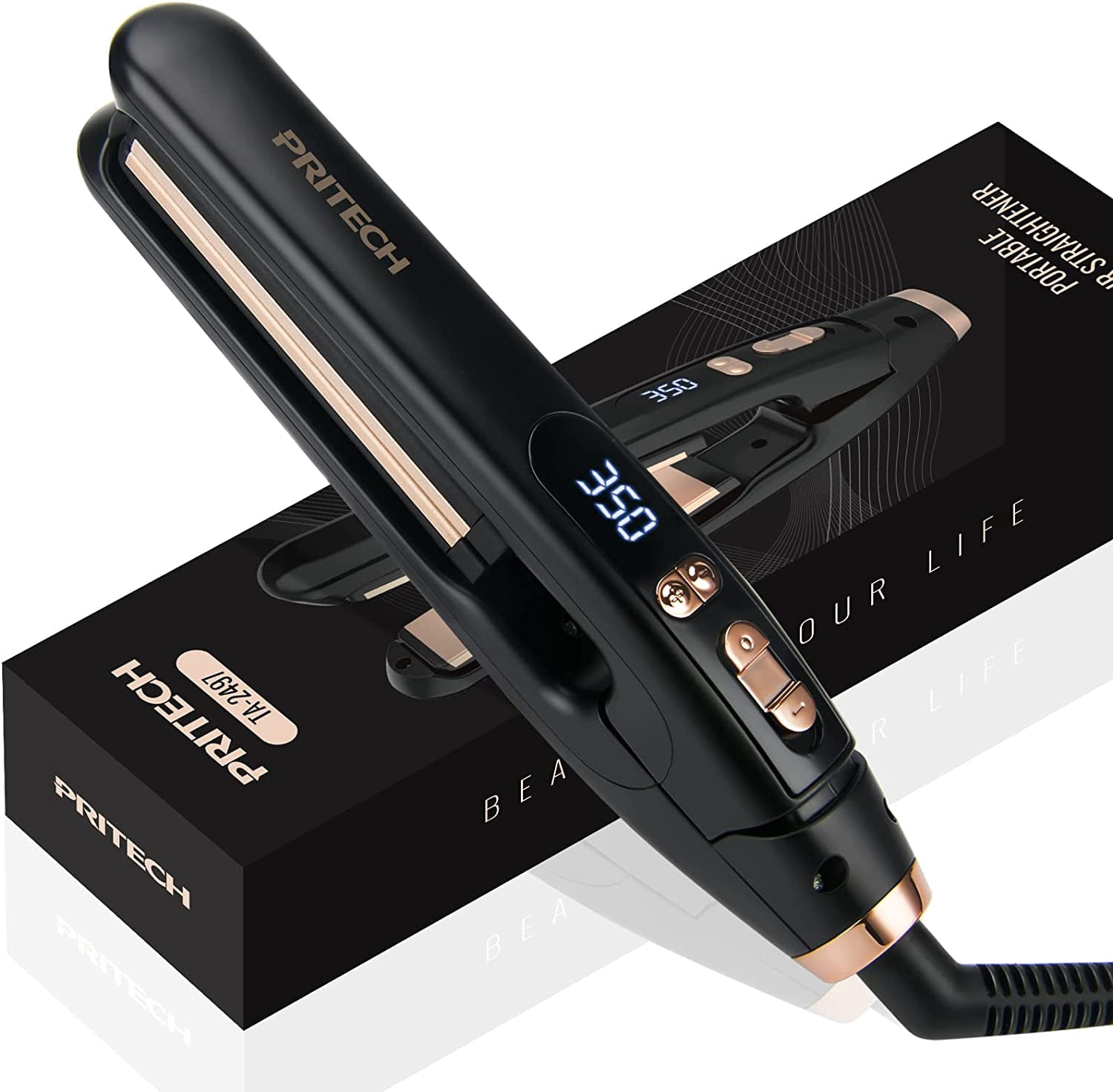 PRITECH Mini Flat Iron Portable Hair Straightener, Straightener with 13 Adjustable Temp(210°F-450°F), 1'' Plate for All Hairstyles Hair Straightening Irons Black