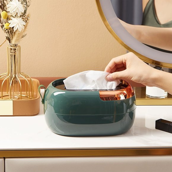 Tissue Box Holder Desktop Organizer With Storage Compartment, Spring Loaded Paper Dispenser Case For Living Room Kitchen Office, Decorative Tabletop Tissue Storage Container