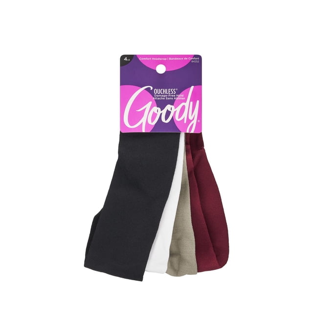 Goody Classics Hairwrap Lycra 4ct with four soft lycra headbands in black, white, beige, and burgundy, providing a secure, damage-free hold and comfortable fit for all hair types, suitable for everyday use and light activities.
