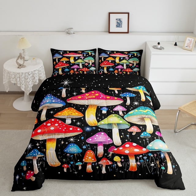 Erosebridal Colorful Mushroom Bedding Queen Comforter Set, Glitter Down Comforter, Cartoon Theme Decor, Reversible 3 Pieces