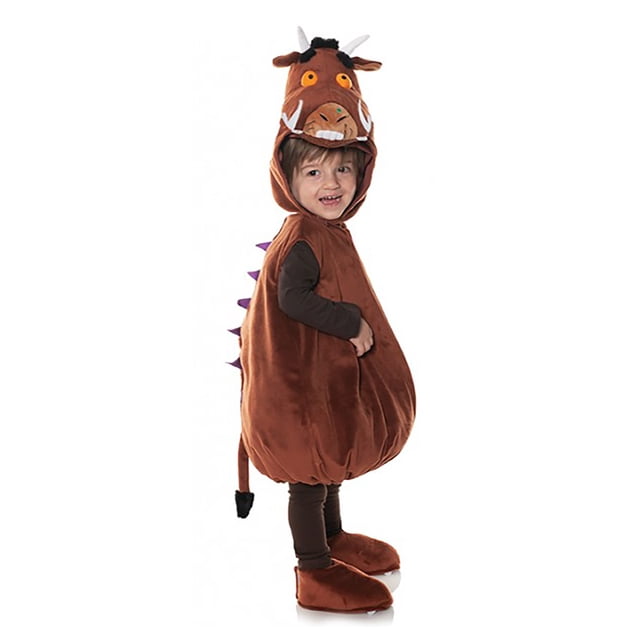 The Gruffalo Costume pour Enfants avec un Corps en Peluche Brun avec des Pointes Violettes le Long du Dos, une Queue et une Capuche Assortie à Thème Gruffalo avec des Cornes, des Yeux orange et un Visage Détaillé. Comprend des Couvre-Chaussures et des leggings Bruns Assortis. Inspiré du Personnage du Livre d'Histoires de Julia Donaldson, Idéal pour l'Halloween, le cosplay Ou les Événements à Thème.