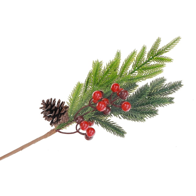 Pine Cone And Berries Pick with artificial green pine needles, a brown pine cone, and clusters of red and dark red berries on a flexible stem measuring 15 by 3.2 by 2.2 inches, ideal for Christmas wreaths, centerpieces, and holiday floral arrangements.
