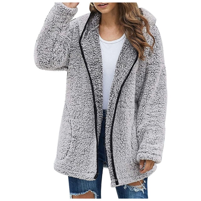 WEIYLL Womens Fleece Jacket Thick Knitted Cardigan Solid Color Sleeve Furry Grey Fall Clothing Size S