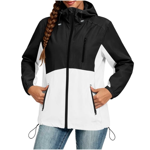 Brnmxoke Womens Rain Coats with Hood Summer Casual Waterproof Zip Up Rain Jacket Lightweight Packable Outdoor Windbreaker with Zipper Pockets Multicolor,XXL