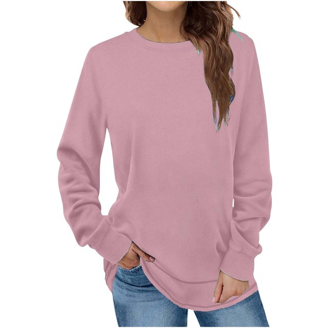 KIHOUT Spring Winter Womens Tops Fashion Pullover Round-Neck Long Sleeve Solid Color Blouses Sweatshirts Hoodless Tops
