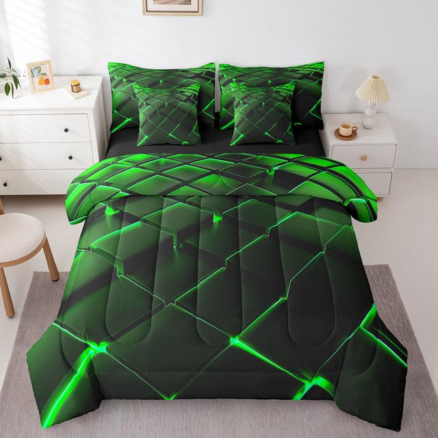 YST 7 Piece Green Geometric Bed in a Bag, Modern Abstract Plaid Comforter Set, 100% Polyester, Twin Size (7 Count)