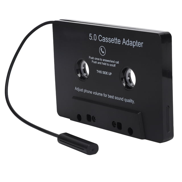 Bluetooth Cassette Adapter by Gashome, a black car audio converter with Bluetooth 5.0 technology. Features a built-in microphone for calls, USB charging with LED indicator, and manual control buttons. Compact design measuring approximately 10x6.4x0.9 cm. Includes a charging cable and manual.