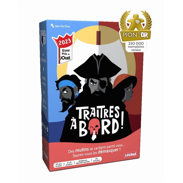 Traitres à bord board game box showing three stylized pirates: a central black-bearded pirate with a tricorn hat and eye patch, a man with a blue headband, and a woman with a red headscarf, with bold white title text and red skull icon, featuring 2023 Grand Prix du Jouet and Pion d'Or awards, for 3-8 players aged 10+, 20-minute rounds, focusing on secret identity and mutiny gameplay.