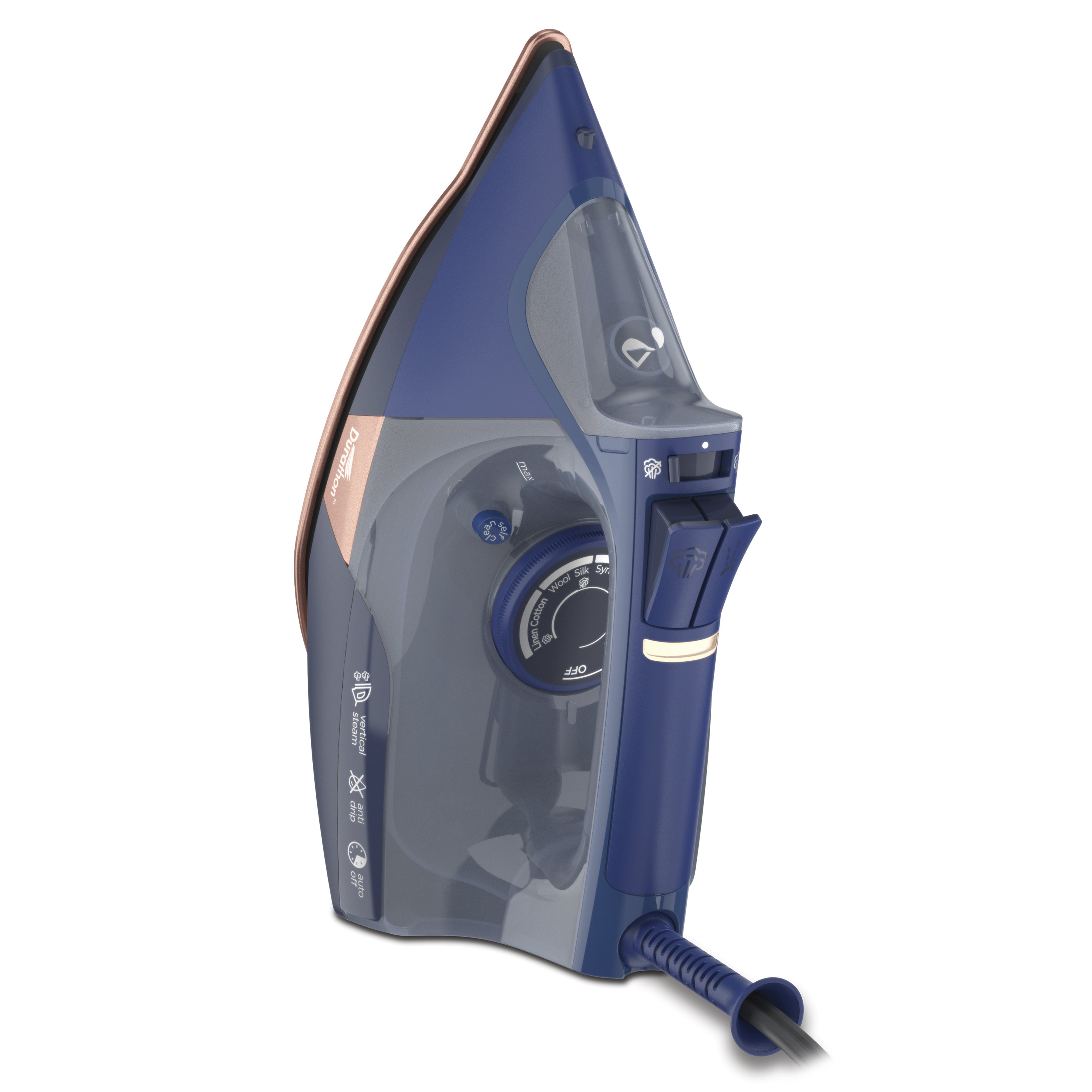 Fer à vapeur Durathon de Hamilton Beach avec semelle antiadhésive, plus de 400 trous de vapeur, arrêt automatique, système antigoutte, cordon extra long, 1 500 W, bleu marine