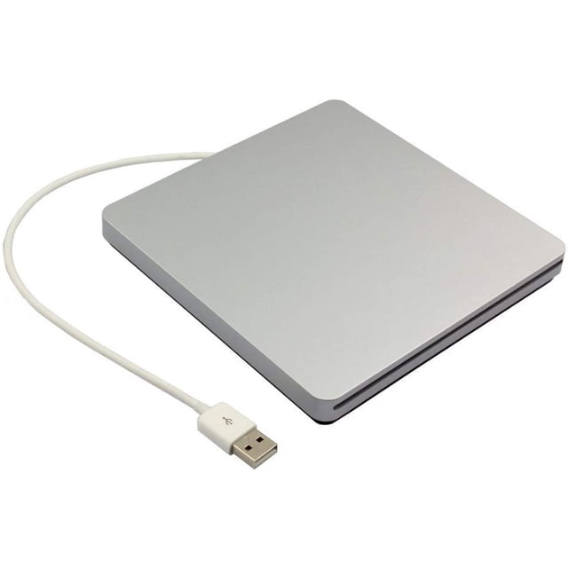 External USB 2.0 slot DVD drive VCD CD burner player for Mac OS and Windows, shown in a slim, silver design with a slot-loading mechanism. The drive is connected via a USB cable, which is included. Compact dimensions of 14 x 14 x 1.4 cm make it portable and easy to use. Compatible with CD, VCD, and DVD formats, it supports burning speeds of up to 24X for CD-R and 8X for VCD-R. Plug-and-play functionality requires no external power supply or driver installation.