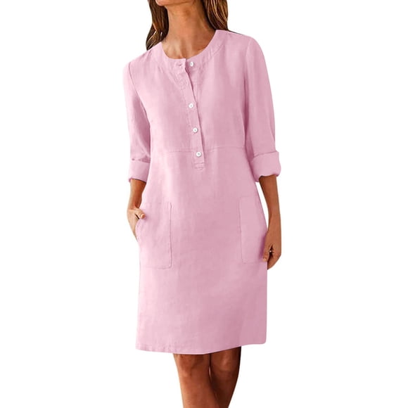 LOVZFMLL Summer Dresses for Women Button Up Shift T-Shirt Dresses with Pockets Casual Solid Round Neck Knee Length Dress Pink M