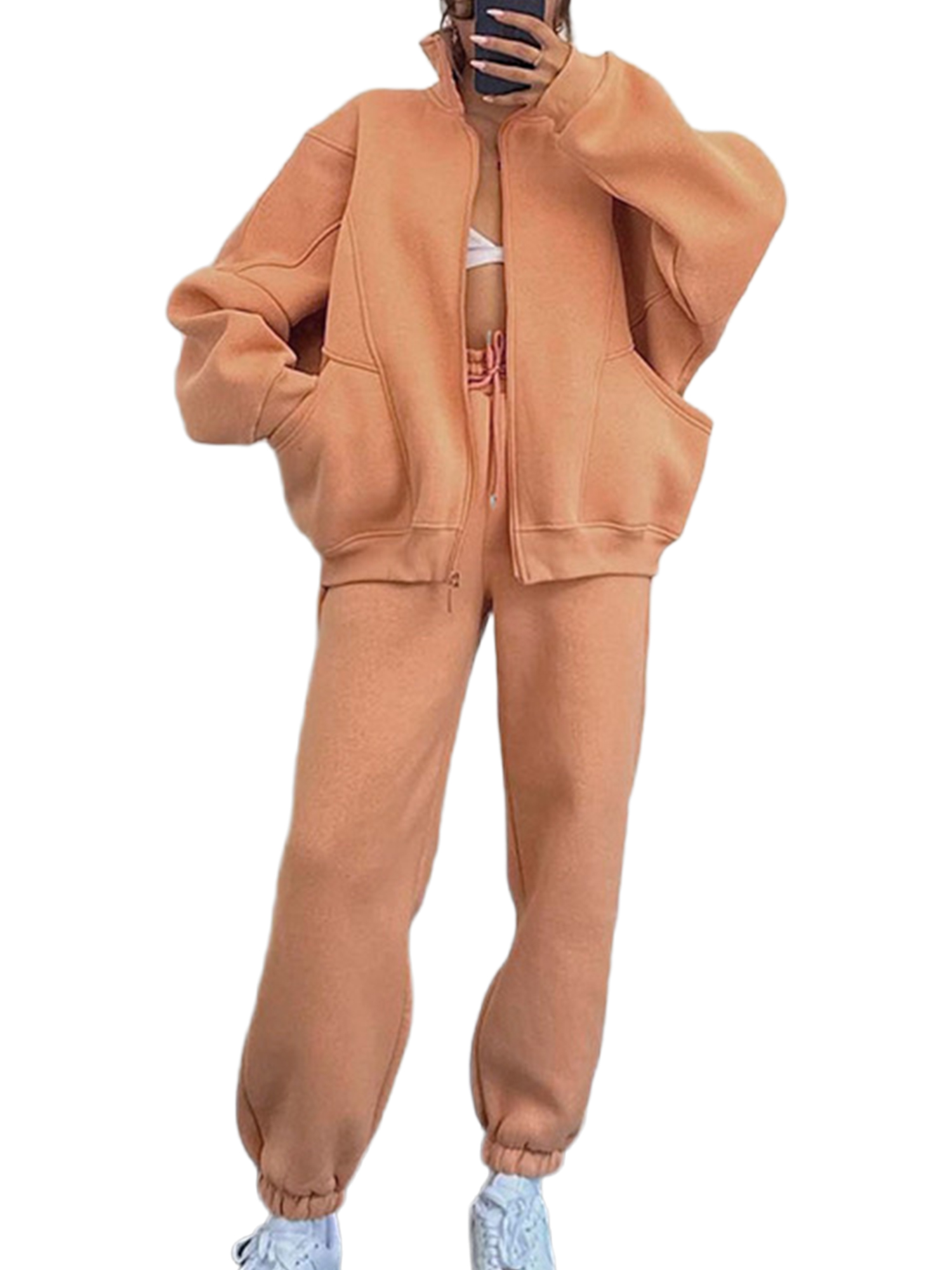 Innerwin Two Piece Outfit Long Sleeve Women Sweatsuits Jogging Solid Color Casual Tracksuit Sets Orange Red M
