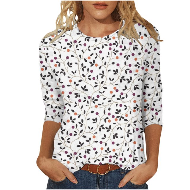 Hauts pour Femmes Décontractés Imprimés à Col Rond T-Shirt à Manches 3/4 Haut Ample, Hauts à Manches 3/4 pour Femmes, Hauts Décontractés pour Femmes, T-Shirts pour Femmes