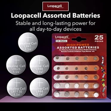 LOOPACELL Pile à Bouton Haute Puissance 1,5 V Alcaline Assortie LR41 LR626 LR754 LR1130 LR44 AG3 AG4 AG5 AG10 AG13 Lot de 25 - Pile à Pièces Longue Durée pour Montres, Calculatrices, Appareil Photo et Plus