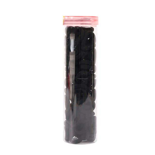 TIMIFIS Hair Ties 100PCS Hair Rope Hair Rings with good elasticity and durability, shown in a transparent cylindrical container with a pink lid. The black hair ties are made of thick cotton material, designed to hold hair securely without slipping or causing damage. Suitable for daily use, workouts, and various occasions like parties, offices, and schools.