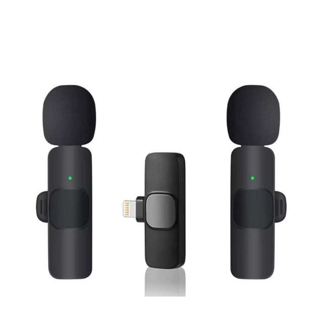 ULTREND Plug-Play Wireless Lavalier Microphone set with two black clip-on microphones featuring foam windshields and a lightning connector receiver, compatible with iPhone and iPad. Designed for video recording, TikTok, YouTube live streaming, and vlogging. Includes real-time auto sync technology, noise reduction, and rechargeable batteries for extended use.