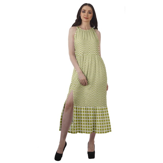 Moomaya Robe de Vacances pour Femmes en Rayonne, Col Licou, Sans Manches, Fente avant, Robe Imprimée