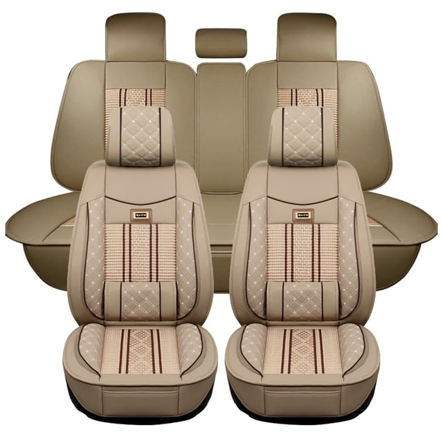 Maidao Car Seat Covers Leather Set for Honda for Ridgeline 2006-Present 5 Seats Waterproof Front Rear Cushion Protector with Pillow and Headrest Beige