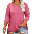 thumbnail image 1 of Plebaso Hauts Grande Taille pour Femmes Été Manches 3/4 Col Rond T-Shirts Décontractés Couleur Unie Tuniques Amples, 1 of 4