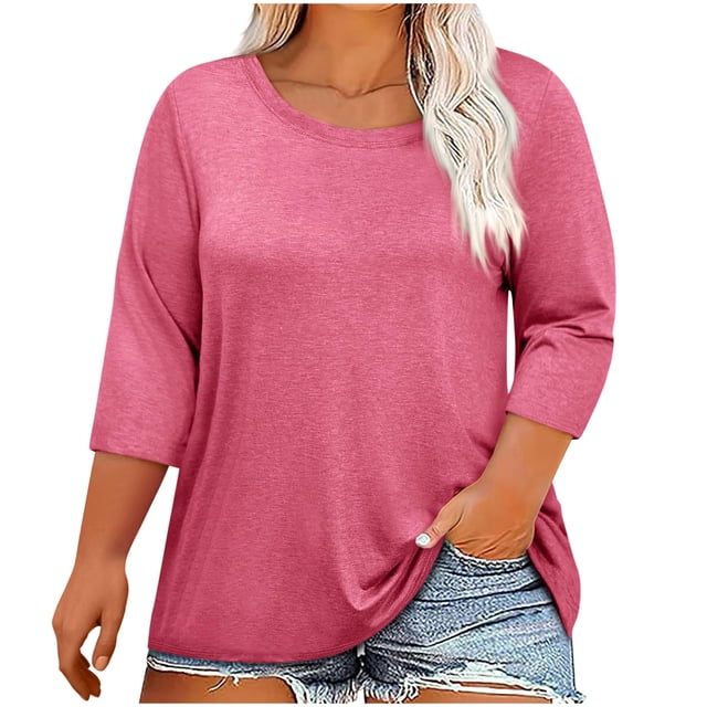 Plebaso Hauts Grande Taille pour Femmes Été Manches 3/4 Col Rond T-Shirts Décontractés Couleur Unie Tuniques Amples