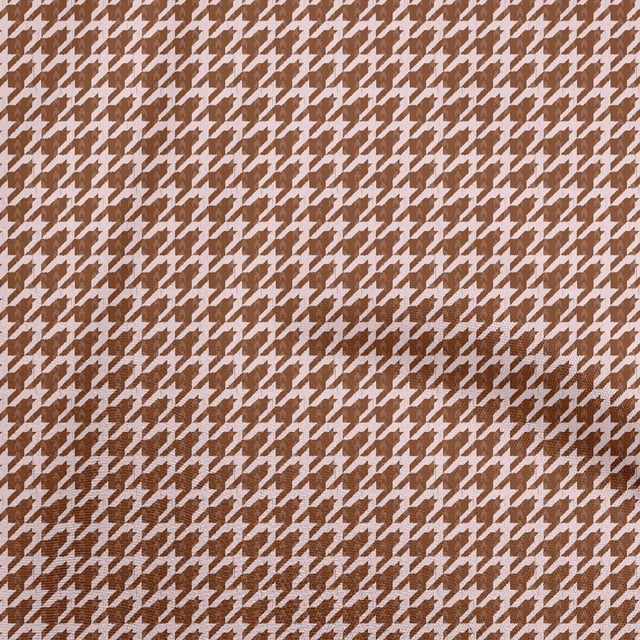 oneOone Velvet Brown Fabric Houndstooth Sewing Material Print Fabric By The Yard, 58 inches wide. The fabric features a classic brown and white houndstooth pattern on a velvet material made of 95% polyester and 5% spandex. It is medium weight with a 2-way stretch, suitable for dresses, costumes, dancewear, home decor, and special occasions. Sold by the yard with continuous length for multiple yards. Wash care includes hand wash or gentle machine wash, low tumble dry, and pressing on the reverse side with steam only.