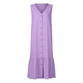thumbnail image 4 of Cameland Robe Femme Mode Unie Solor à Col en V Sans Manches à Boutons en Coton et Lin, 4 of 5
