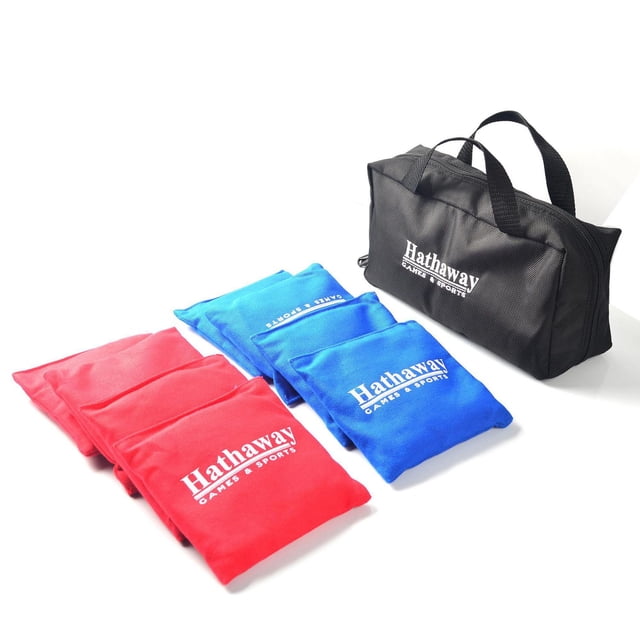 Regulation Cornhole Bag Set with Included Case – Red/Blue featuring eight 6-inch by 6-inch, 16-ounce double-stitched polyester bags in red and blue with Hathaway Games & Sports branding, plus a black rip-resistant PVC carry bag with handles, suitable for outdoor and indoor bean bag toss games.