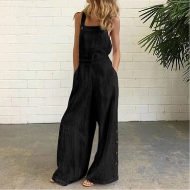 LSLJS Combinaison Ample pour Femmes, Pantalon Décontracté à Bretelles, Jambe Grand, Uni, Salopette à Boutons, Cadeaux pour Femmes