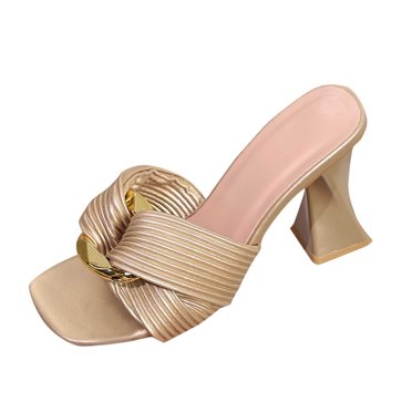 LOVZFMLL Women's Sandals Square Open Toe Slip On High Chunky Block Heel Mules Backless Sandals Fashion Party Club Beach Vacation Dress Heels Gold 9.5