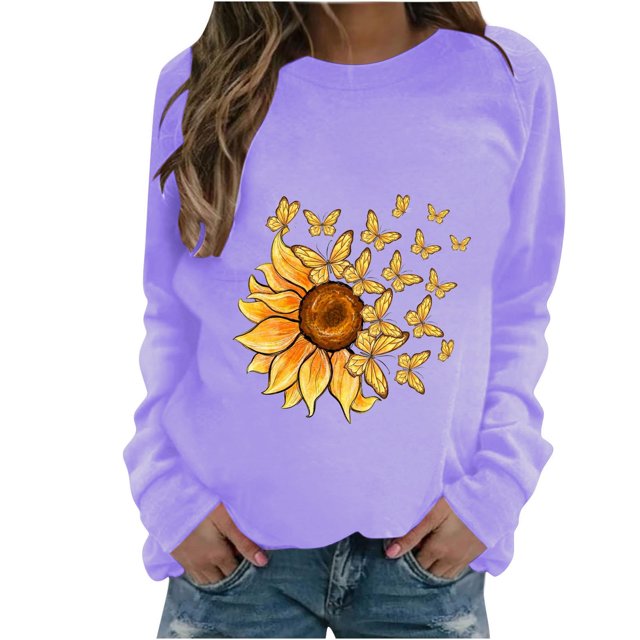 Rbaofujie Chandail à Capuchon pour Femmes Femme Mode Décontractée Imprimé Col Rond Ample Manches Longues T-shirt Hauts Blouse Violet Chandail d'Halloween