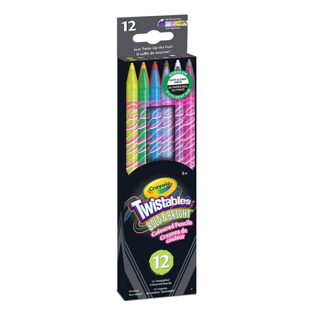 Crayola Bold & Bright Twistables Coloured Pencils, 12 Count, in black packaging with a clear window showing twelve twistable coloured pencils in bright neon colours including yellow, green, blue, red, brown, purple, and pink. These non-toxic pencils feature a plastic twist-up casing that eliminates sharpening and work on light and dark paper. Suitable for kids aged 5+, ideal for classrooms and craft rooms, and often used for mess-free colouring on the go.
