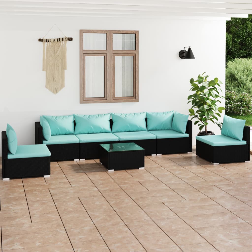 vidaXL 7 Piece Garden Lounge Set with Cushions Poly Rattan Black