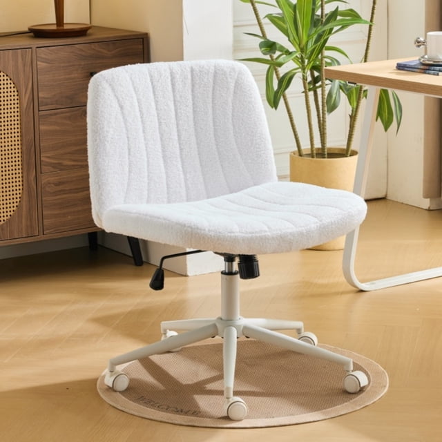 Ktaxon Chaise de Bureau Réglable, Chaise de Bureau Pivotante, Conception Sans Accoudoirs, Réglage Pneumatique de la Hauteur, Rotation à 360 Degrés, Idéale pour le Bureau à Domicile en Velours Teddy Blanc